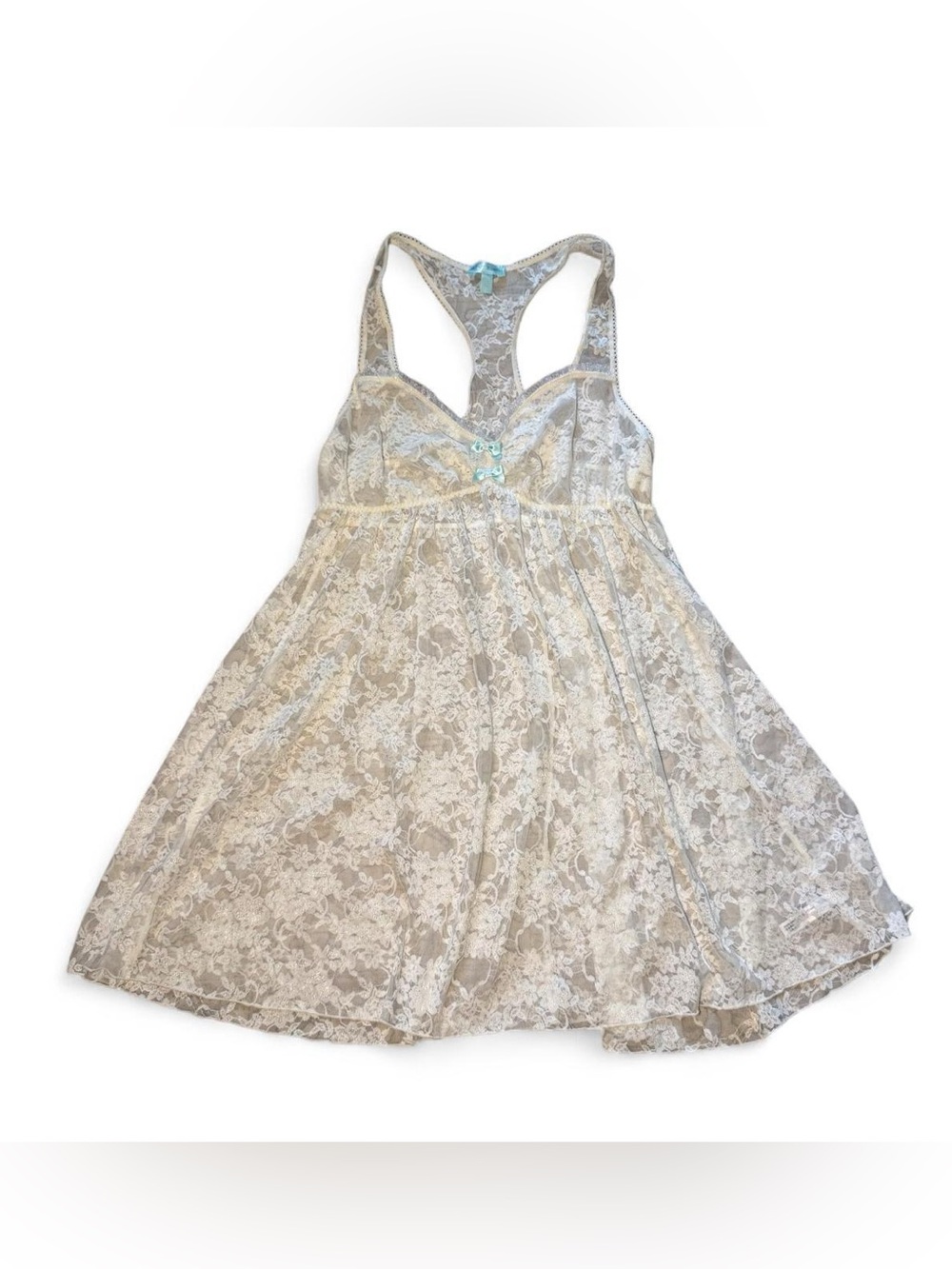 Coquette Lace Betsy Johnson white lace babydoll dress with blue bows, size 1X☮️